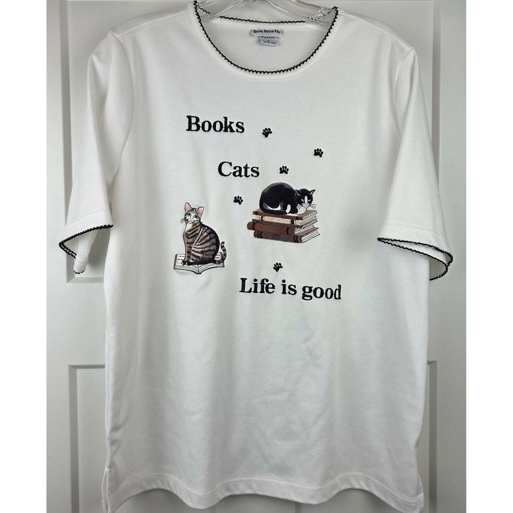 VTG Bon Worth White Embroidered Cats Books Life is Good Top Small Short Sleeve